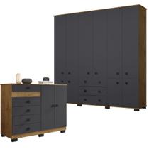 Guarda-Roupa Casal 10 Portas 3 Gavetas com corrediças metálicas e Cômoda Sapateira Freijo/Carbono