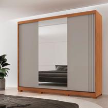 Guarda-Roupa Casal 100% MDF 3 Portas de Correr 4 Gavetas 6 Prateleiras com Pés e Espelho Chile Off White/Marromle