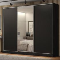 Guarda Roupa Casal 100% MDF Madesa Royale 3 Portas De Correr Com Espelho Preto