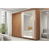 Guarda Roupa Casal 2 Portas de Correr (1 Ripada e 1 c/ Espelho) e 4 Gavetas Romanus Double Lux Freijo/Off White - Caemmun