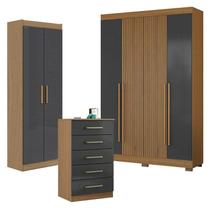 Guarda Roupa Casal 2030240 com Armário Multiuso 2000191 e Cômoda 2014140 Atacama Grafite - Aramóveis