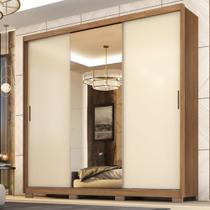 Guarda Roupa Casal 3 Portas Com Espelho e 4 Gavetas Dalila - Amêndola Touch/Off White Guarda Roupa Casal 3 Portas Com Espelho e 4 Gavetas Dalila - Amêndola Touch/Off White