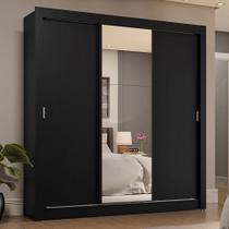 Guarda-roupa Casal 3 Portas Correr Espelho 4 Gavetas Preto