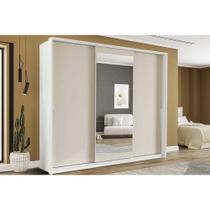 Guarda Roupa Casal 3 Portas de Correr (1 c/ espelho) e 4 Gavetas Porto Branco/Creme - Politorno