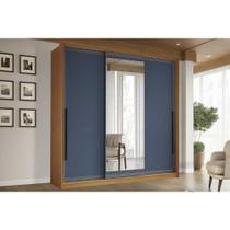 Guarda Roupa Casal 3 Portas de Correr (1 c/ espelho) e 4 Gavetas Valência Freijo/Azul - Politorno