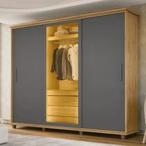 Guarda-Roupa Casal 3 Portas de Correr 1 Porta com Vidro Reflecta com LED 5 Gavetas Portugal Cinza/Cinamomo/Grafite