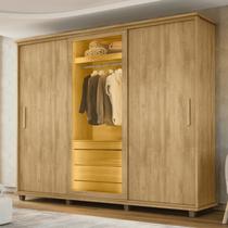 Guarda-Roupa Casal 3 Portas de Correr 1 Porta com Vidro Reflecta com LED 5 Gavetas Portugal Marrom/Cinamomo