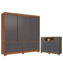 Guarda Roupa Casal 3 Portas de Correr 9 Gavetas Morretes com Cômoda Havana Jatoba com Pés Grafite - Santos Andirá Guarda Roupa Casal 3 Portas de Correr 9 Gavetas Morretes com Cômoda Havana Jatoba com Pés Grafite - Santos Andirá
