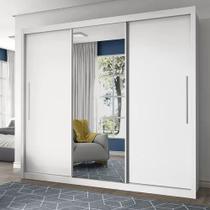 Guarda Roupa Casal 3 Portas de Correr com Espelho Grande 4 Gavetas Gelius Royale - Branco MDF