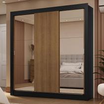Guarda-Roupa Casal 3 Portas de Correr com Espelhos 2 Gavetas Preto/Rustic Sublime Madesa
