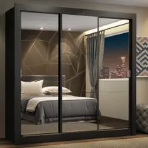 Guarda Roupa Casal 3 Portas De Correr De Espelho Preto