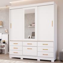 Guarda-Roupa Casal 3 Portas de Correr Espelho 7 Gavetas 1 Sapateira e 8 Pés 192cm 100% MDF Luiza