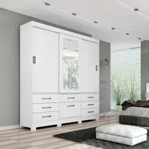 Guarda-Roupa Casal 3 Portas de Correr Espelho 7 Gavetas 1 Sapateira e 8 Pés 192cm 100% MDF Luiza