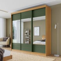 Guarda-roupa Casal 3 Portas de Correr Ripadas com Espelho Samambaia Cabecasa Madeiramadeira Carvalho/Verde