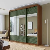 Guarda-roupa Casal 3 Portas de Correr Ripadas com Espelho Samambaia Cabecasa Madeiramadeira Freijó/Verde