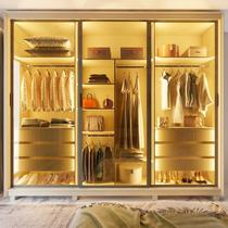 Guarda-Roupa Casal 3 Portas Reflecta com Pés e LED 100% MDF Platinum Bege/Off White