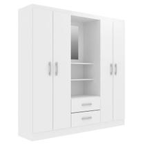 Guarda Roupa Casal 4 Portas 2 Gavetas Capelinha Com Espelho Branco Com Prateleiras E Cabideiros