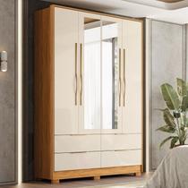 Guarda-Roupa Casal 4 Portas 4 Gavetas com Pé e Espelho Domo Amarelo/Cinamon/Off White Guarda-Roupa Casal 4 Portas 4 Gavetas com Pé e Espelho Domo Amarelo/Cinamon/Off White