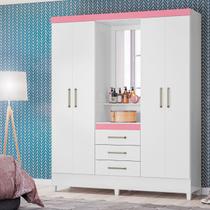 Guarda Roupa Casal 4 Portas Dubai Branco/Rosa Flex C/ Espelho - Mercado dos Móveis