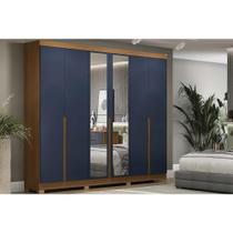 Guarda Roupa Casal 6 Portas (2 c/ Espelho) e 4 Gavetas c/ Pés CB01R582 Canela/Azul - Kappesberg
