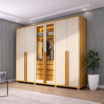 Guarda-Roupa Casal 6 Portas com LED e Vidro Reflecta 5 Gavetas Bélgica Bege/Cinamomo/Off White