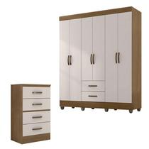 Guarda Roupa Casal 6 Portas e Cômoda 4 Gavetas Lite Nature Off White Móveis Leão