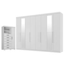 Guarda Roupa Casal 8 portas 4 gavetas Master New com espelho e Cômoda 1 porta 6 gavetas Marabá com pés Branco Brilho - Santos Andirá