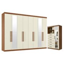 Guarda Roupa Casal 8 portas 4 gavetas Master New com espelho e Cômoda Marabá com espelho Jatobá Areia Acetinado - Santos Andirá