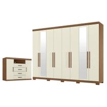 Guarda Roupa Casal 8 portas 4 gavetas Master New com espelho e pés e Cômoda Havana Master Jatobá Areia Acetinado - Santos Andirá