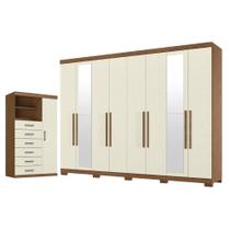 Guarda Roupa Casal 8 portas 4 gavetas Master New com espelho e pés e Cômoda Marabá Jatobá Areia Acetinado - Santos Andirá Guarda Roupa Casal 8 portas 4 gavetas Master New com espelho e pés e Cômoda Marabá Jatobá Areia Acetinado - Santos Andirá