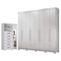 Guarda Roupa Casal 8 portas 4 gavetas Master New com pés e Cômoda 1 porta 6 gavetas Marabá com espelho e pés Branco Brilho - Santos Andirá