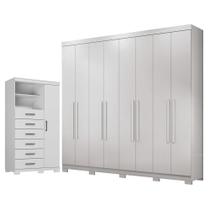 Guarda Roupa Casal 8 portas 4 gavetas Master New com pés e Cômoda 1 porta 6 gavetas Marabá com pés Branco Brilho - Santos Andirá
