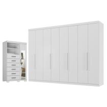 Guarda Roupa Casal 8 portas 4 gavetas Master New e Cômoda 1 porta 6 gavetas Marabá com espelho e pés Branco Brilho - Santos Andirá