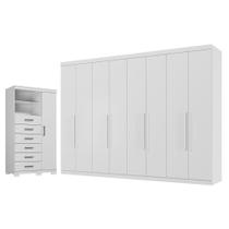 Guarda Roupa Casal 8 portas 4 gavetas Master New e Cômoda 1 porta 6 gavetas Marabá com pés Branco Brilho - Santos Andirá
