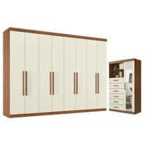 Guarda Roupa Casal 8 portas 4 gavetas Master New e Cômoda Marabá com espelho Jatobá Areia Acetinado - Santos Andirá