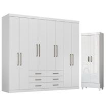 Guarda Roupa Casal 8 portas 6 gavetas Master e Armário Multiuso com pés Fit Branco Brilho - Santos Andirá Guarda Roupa Casal 8 portas 6 gavetas Master e Armário Multiuso com pés Fit Branco Brilho - Santos Andirá