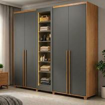 Guarda-Roupa Casal Áustria 5 Portas 1 Porta com Vidro Reflecta com LED e 3 Gavetas Internas Cinza/Cinamomo/Grafite
