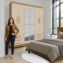 Guarda Roupa Casal Bagé 6 Portas e 6 Gavetas Com Espelho Carvalho Americano Off White - EdeCasaMoveis