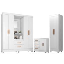 Guarda Roupa Casal Capela com Cômoda 4 Gavetas 2 Porta e Armário Multiuso Lite Branco Brilho - Móveis Leão
