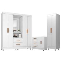 Guarda Roupa Casal Capela Com Cômoda 4 Gavetas 2 Porta E Armário Multiuso Lite Branco Brilho - Móveis Leão