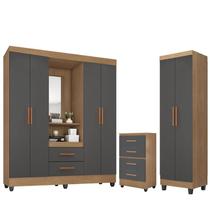 Guarda Roupa Casal Capela com Cômoda 4 Gavetas Armário Multiuso Lite Nature Cinza Móveis Leão