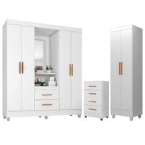 Guarda Roupa Casal Capela Com Cômoda 4 Gavetas E Armário Multiuso Lite Branco Brilho - Móveis Leão