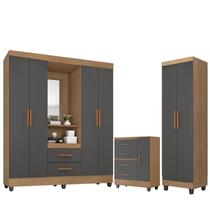 Guarda Roupa Casal Capela com Cômoda Lite 4 Gavetas 01 Porta e Armário Multiuso Lite Nature Cinza Móveis Leão