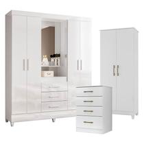 Guarda Roupa Casal Capelinha Capri com Cômoda MS913 e Armário Multiuso Jade Branco Brilho Moval