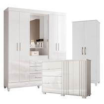 Guarda Roupa Casal Capelinha Capri com Cômoda Texas e Armário Multiuso Jade Branco Brilho Moval