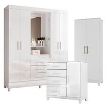 Guarda Roupa Casal Capelinha Capri Com Cômoda Vênus Com Pés E Armário Multiuso Jade Branco Brilho Moval