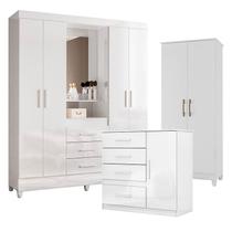 Guarda Roupa Casal Capelinha Capri com Cômoda Vênus e Armário Multiuso Jade Branco Brilho Moval