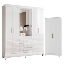 Guarda Roupa Casal Capelinha Capri e Armário Multiuso Jade Branco Brilho Moval