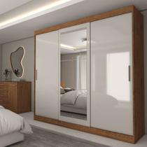 Guarda-Roupa Casal Columbia 3 Portas 2 Gavetas com Espelho 100% Mdf Off White/Nogueira - Panorama Móveis