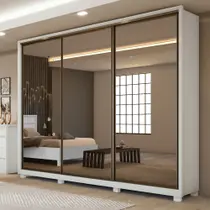 Guarda Roupa Casal com 3 Espelhos 3 Portas de Correr 6 Gavetas e Pés 270,5cm Spazio Super Glass 100% MDF